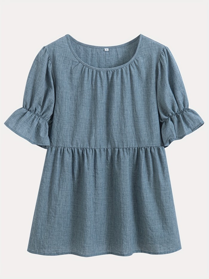 Loose Round-Neck Solid Color Top with Ruffled Sleeves