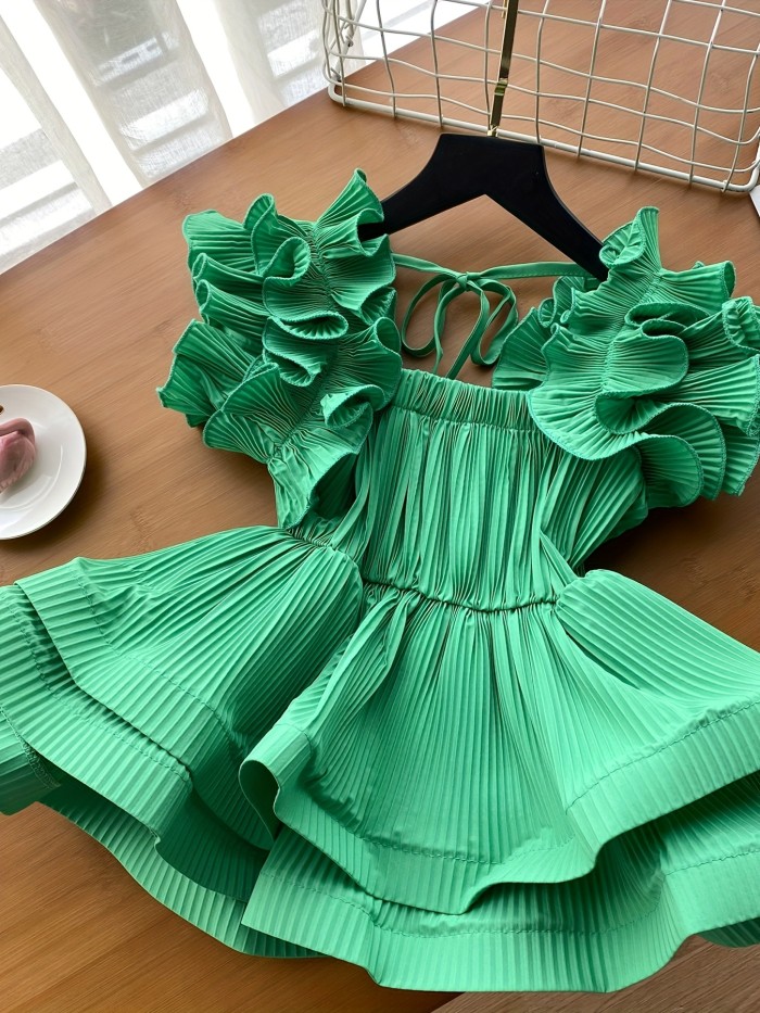 Elegant Off-Shoulder Pleated Blouse with Ruffle Detail - Chic Solid Color, Tie-Waist Design, Perfect for Spring\u002FSummer, Adult Women'S Fashion, Casual Attire|Ruffle Detail Top| Shirting styl
