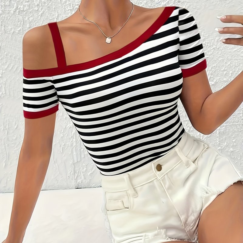 Women'S Summer Off-Shoulder Striped Top - Elegant Color Block Design, Short Sleeve, Casual White Shorts, Casual Attire|Striped Top|Color Block Top