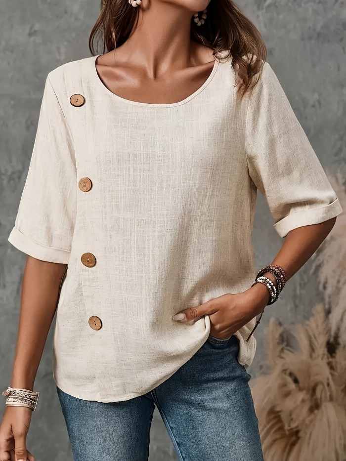 Elegant Women's Half-Sleeve Blouse with Decorative Buttons, Lightweight Polyester Blend, Round Neck, Machine Washable, Perfect for Spring and Fall Casual or Semi-Formal Wear, Spring Fashion Top | Decorative Button Detail | Polyester Blend Fabric
