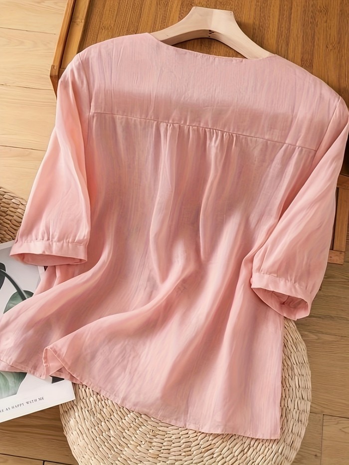 Women's Elegant Floral Loose-Fit Linen Blouse - Breathable Round Neck Long Sleeve Top for Spring Summer Fall, Machine Washable Casual & Formal Wear