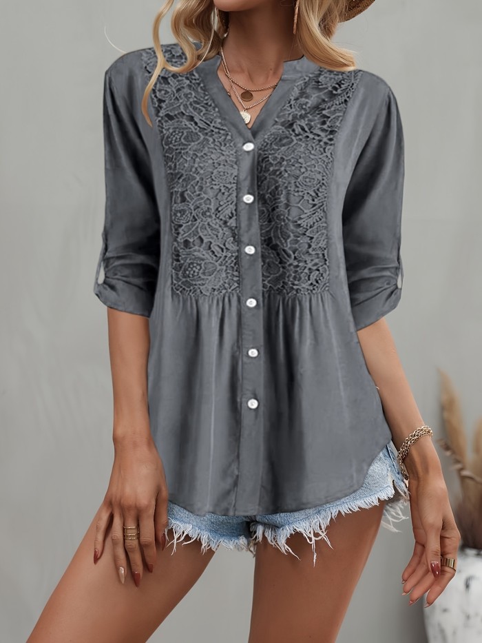 Lace Notched Neck Blouse Lace Splicing Notched Neck Blouse, Vintage Single Breasted Half Sleeve Blouse, Women's Clothing