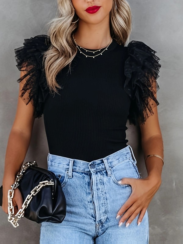Women's Black Ribbed Knit Blouse with Voluminous Mesh Flutter Sleeves - Slim Fit High Elasticity Crew Neck Top for Spring Summer Fall, Casual Office Daily Wear, Ladies Blouses
