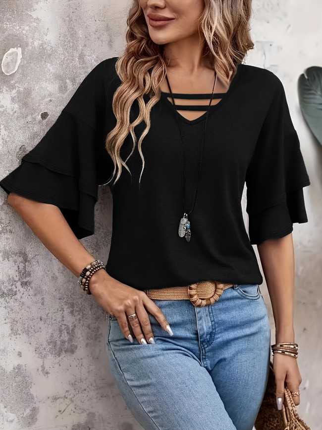 Women'S Casual Fashion Black V-Neck Ruffle Sleeve T-Shirt - Polyester, Knit Fabric, Spring\u002FSummer Style, Everyday Tee|Ruffle Sleeve Top|Knit Construction