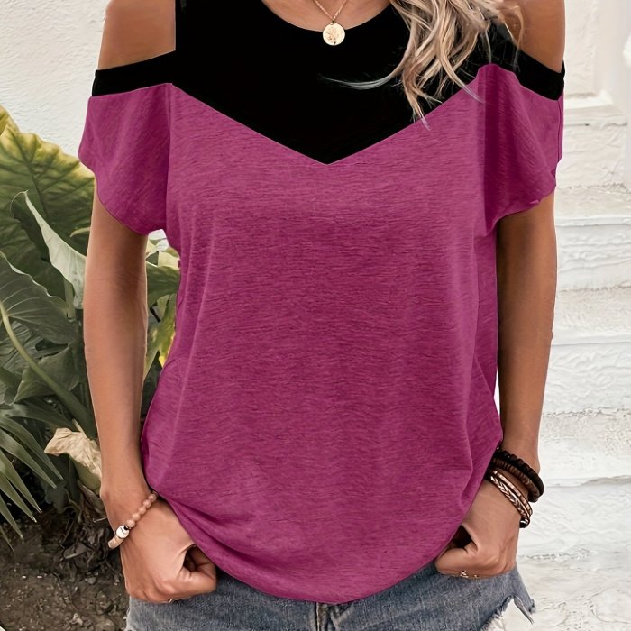 Fashion-forward Color Block Cold Shoulder T-Shirt - Lightweight & Stylish for Spring & Summer - Perfect Casual Wear for Trendy Women