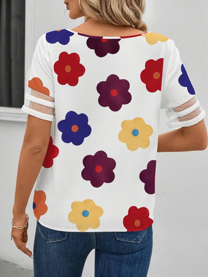 Women'S Summer Casual Floral Print Blouse with Mesh Detail - Short Sleeve, Asymmetric Neck, Loose Fit, White Background with Colorful Flowers, Perfect for Casual Attire, Casual Attire Blouse | Floral Print Top | Asymmetric Neckline, Ladies T Shirts