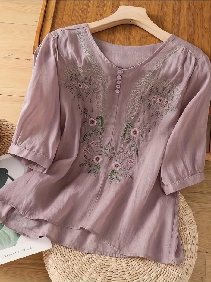 Women's Elegant Floral Loose-Fit Linen Blouse - Breathable Round Neck Long Sleeve Top for Spring Summer Fall, Machine Washable Casual & Formal Wear