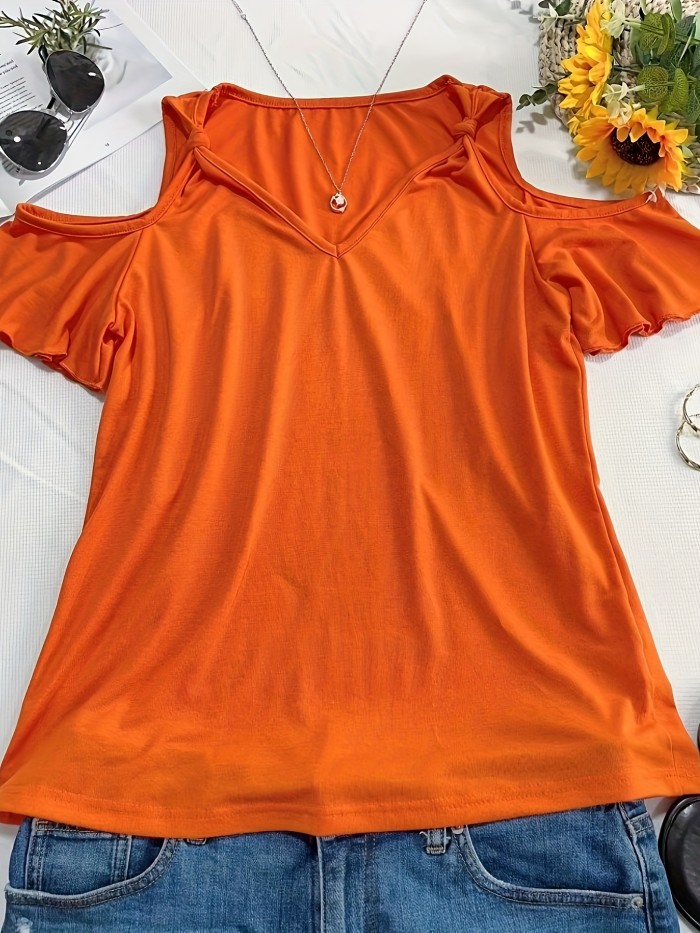 Solid Color Ruffle Sleeve Tee Solid Color Sexy V-Neck Ruffle Sleeve T-Shirt - Women's Casual Top for Summer