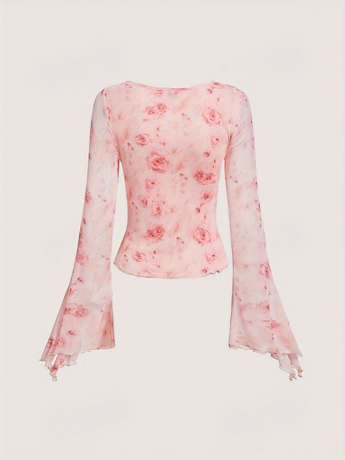 V Neck Floral Print T-Shirt Floral Print Knot Front V Neck T-Shirt, Elegant Ruffle Trim Flare Long Sleeve Slim Top For Spring & Fall, Women's Clothing