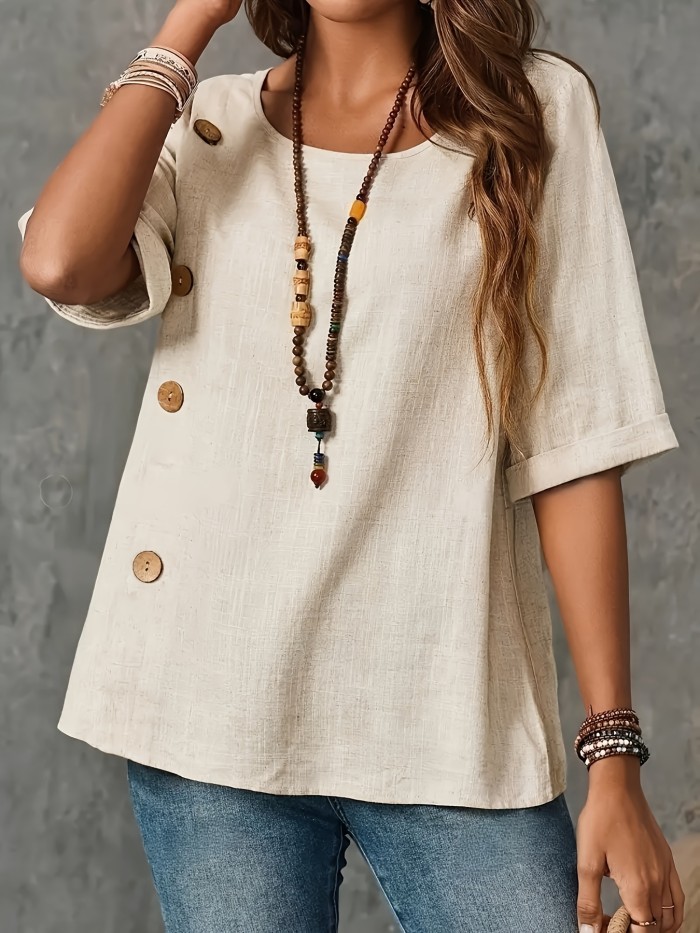 Elegant Women's Half-Sleeve Blouse with Decorative Buttons, Lightweight Polyester Blend, Round Neck, Machine Washable, Perfect for Spring and Fall Casual or Semi-Formal Wear, Spring Fashion Top | Decorative Button Detail | Polyester Blend Fabric
