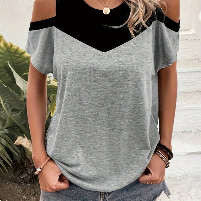 Fashion-forward Color Block Cold Shoulder T-Shirt - Lightweight & Stylish for Spring & Summer - Perfect Casual Wear for Trendy Women