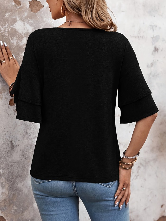 Women'S Casual Fashion Black V-Neck Ruffle Sleeve T-Shirt - Polyester, Knit Fabric, Spring\u002FSummer Style, Everyday Tee|Ruffle Sleeve Top|Knit Construction
