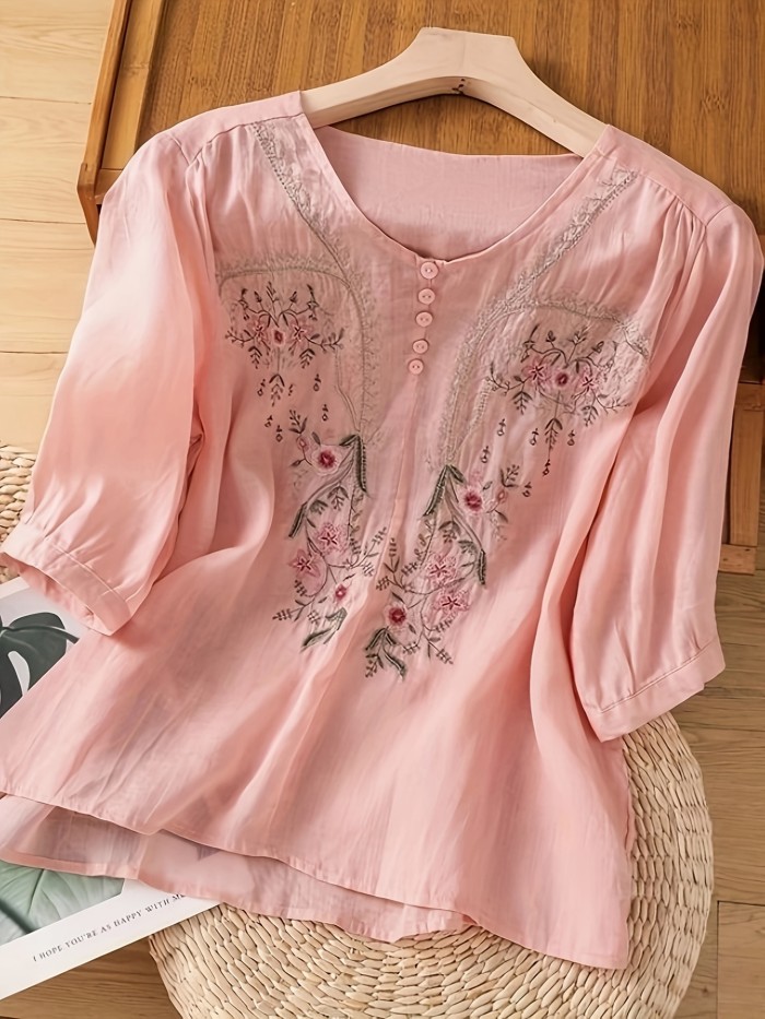 Women's Elegant Floral Loose-Fit Linen Blouse - Breathable Round Neck Long Sleeve Top for Spring Summer Fall, Machine Washable Casual & Formal Wear