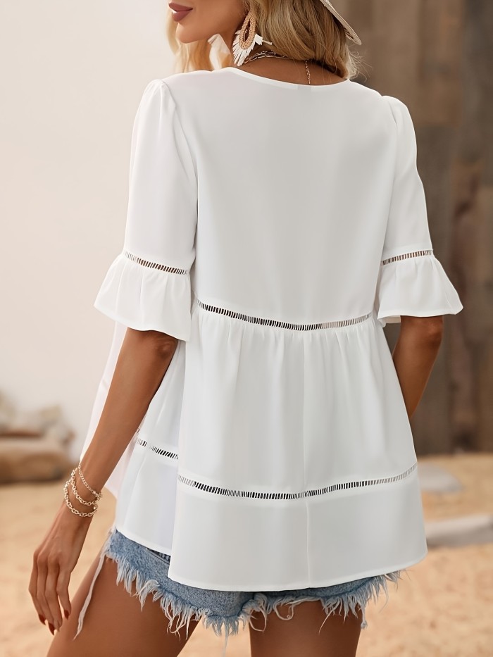 Women'S Elegant White Blouse with Floral Lace Detail, Ruffle Sleeves and Hem - Chic Spring\u002FSummer\u002FFall Top, Loose Fit, No Belt, Spring Summer Blouse|Elegant Blouse|Floral Lace Detail