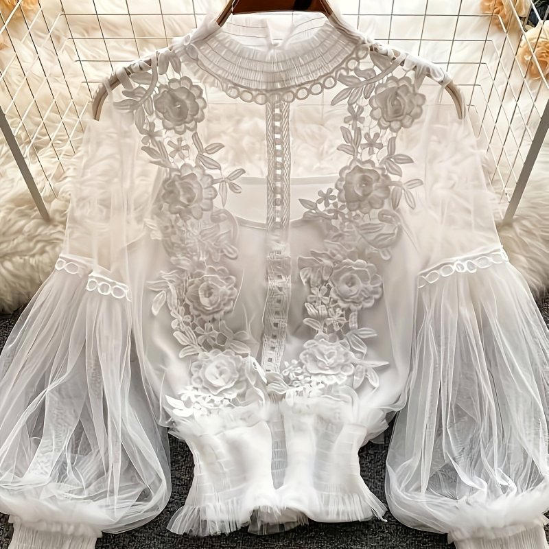 Elegant Sheer Mesh Lace Blouse with 3D Floral Detailing and Lantern Sleeves - Slim Fit Short Top for Women, Pink Lace Trim, Perfect for Spring\u002FSummer, Lace To