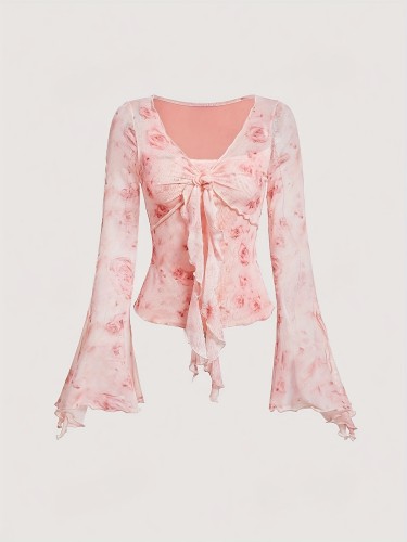 V Neck Floral Print T-Shirt Floral Print Knot Front V Neck T-Shirt, Elegant Ruffle Trim Flare Long Sleeve Slim Top For Spring & Fall, Women's Clothing