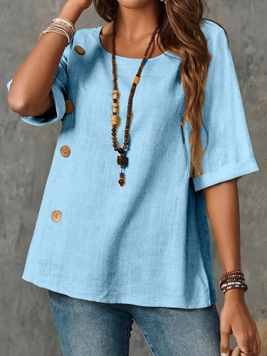 Elegant Women's Half-Sleeve Blouse with Decorative Buttons, Lightweight Polyester Blend, Round Neck, Machine Washable, Perfect for Spring and Fall Casual or Semi-Formal Wear, Spring Fashion Top | Decorative Button Detail | Polyester Blend Fabric