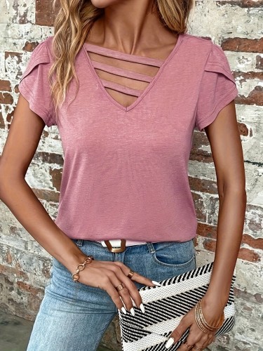 Summer Chic: Women's Casual V-Neck T-Shirt with Asymmetrical Detail - Breathable Polyester, Machine Washable