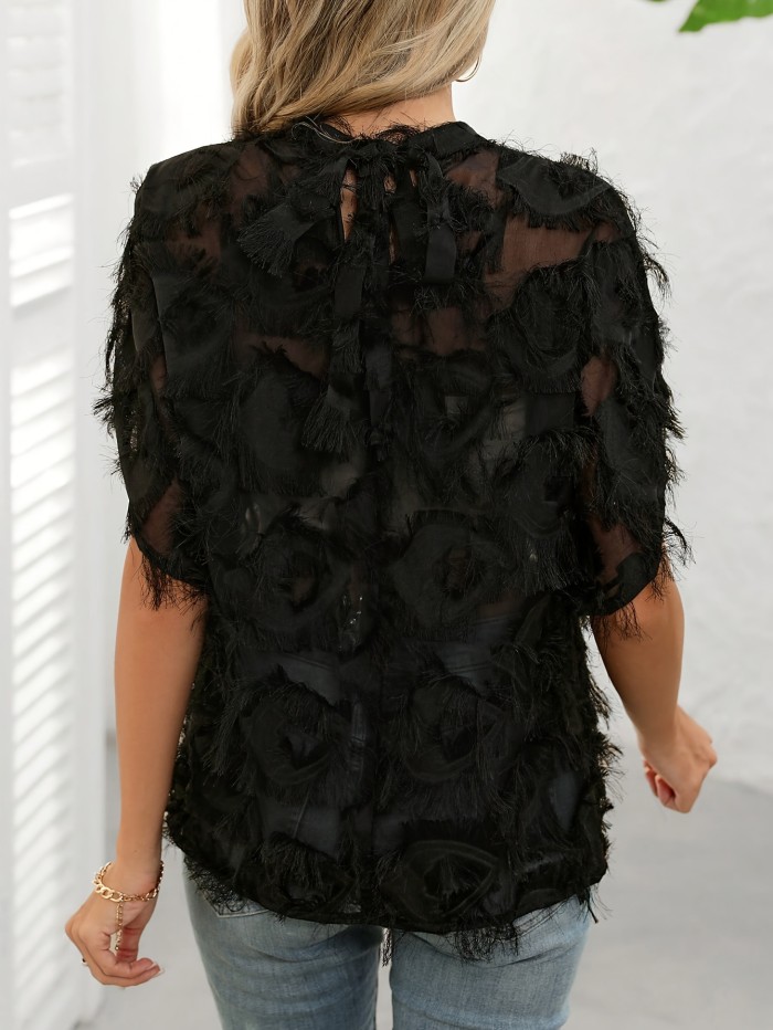 Women's Elegant Sheer Textured Batwing Sleeve Blouse - Black, Round Neck, Loose Fit for Spring\u002FSummer, Polyester, Machine Washable