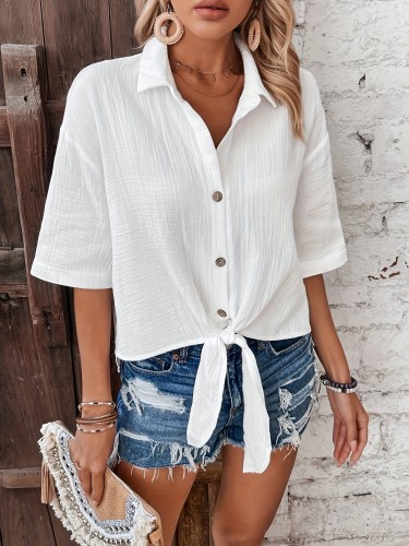 Casual Drop Shoulder Half Sleeve Top - Knot Front Single-breasted Women's Clothing For Spring & Summer