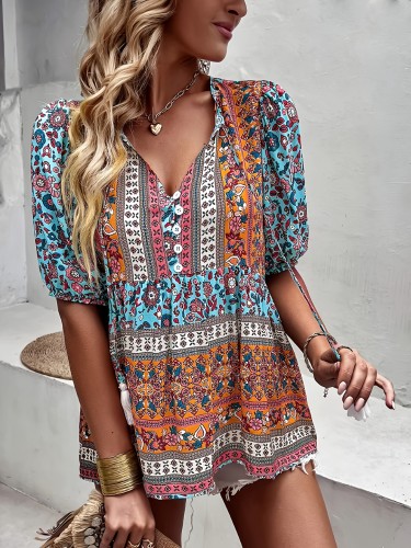 Women's Lightweight 100% Polyester Paisley Print V-Neck Button-Front Blouse - Summer Vacation Resort Style Shirt, Elegant Special Collection, Hand Wash Only, Ladies Blouses