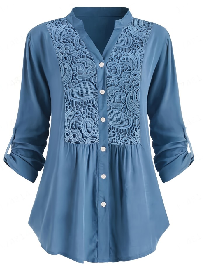 Lace Notched Neck Blouse Lace Splicing Notched Neck Blouse, Vintage Single Breasted Half Sleeve Blouse, Women's Clothing