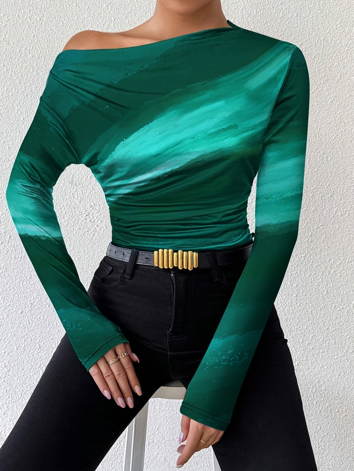 Women'S Marble Gradient Printed Off-Shoulder Fitted Elegant Pleated Long Sleeve T-Shirt