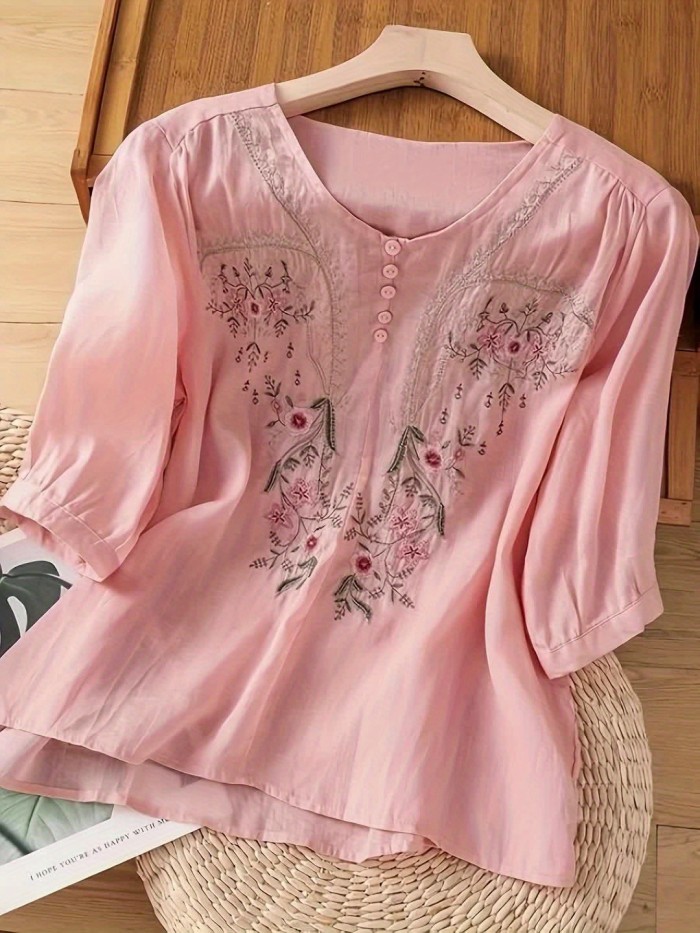 Women's Elegant Floral Loose-Fit Linen Blouse - Breathable Round Neck Long Sleeve Top for Spring Summer Fall, Machine Washable Casual & Formal Wear