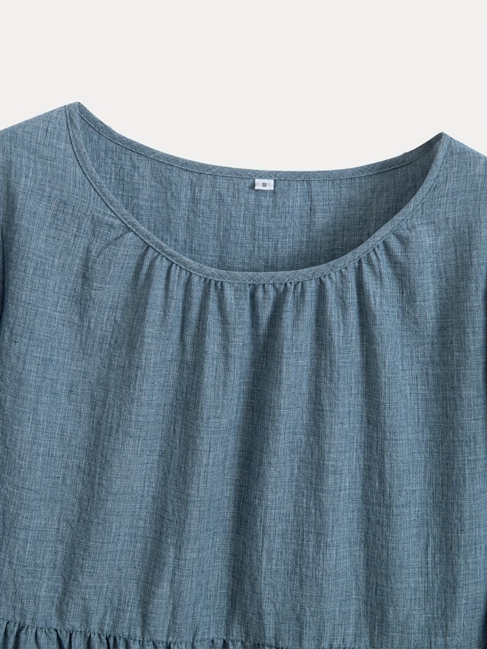 Loose Round-Neck Solid Color Top with Ruffled Sleeves