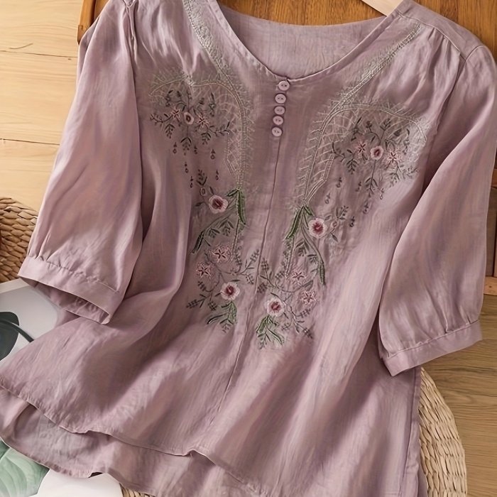 Women's Elegant Floral Loose-Fit Linen Blouse - Breathable Round Neck Long Sleeve Top for Spring Summer Fall, Machine Washable Casual & Formal Wear