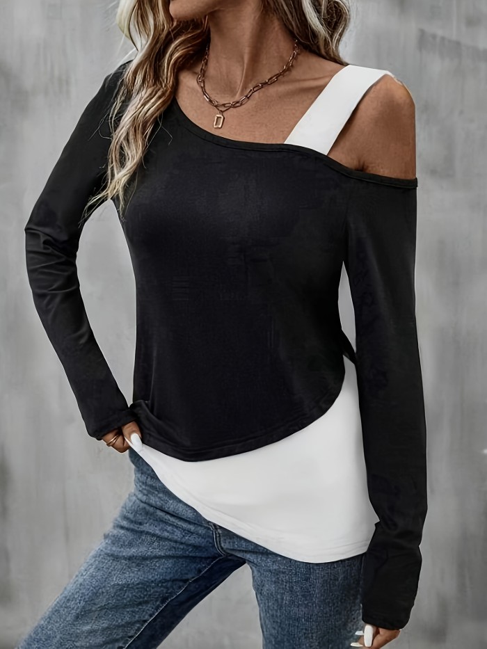 Elegant Women's Two-Tone Asymmetrical Long Sleeve T-Shirt - Chic Cold Shoulder Design, Polyester and Spandex Blend, Machine Washable