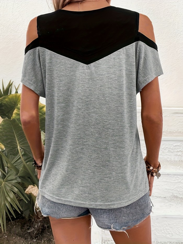 Fashion-forward Color Block Cold Shoulder T-Shirt - Lightweight & Stylish for Spring & Summer - Perfect Casual Wear for Trendy Women