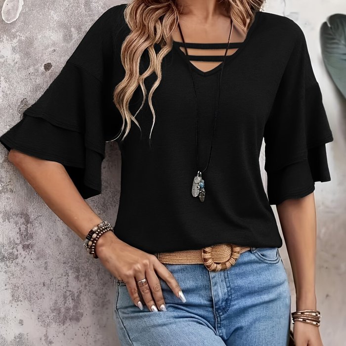 Women'S Casual Fashion Black V-Neck Ruffle Sleeve T-Shirt - Polyester, Knit Fabric, Spring\u002FSummer Style, Everyday Tee|Ruffle Sleeve Top|Knit Construction
