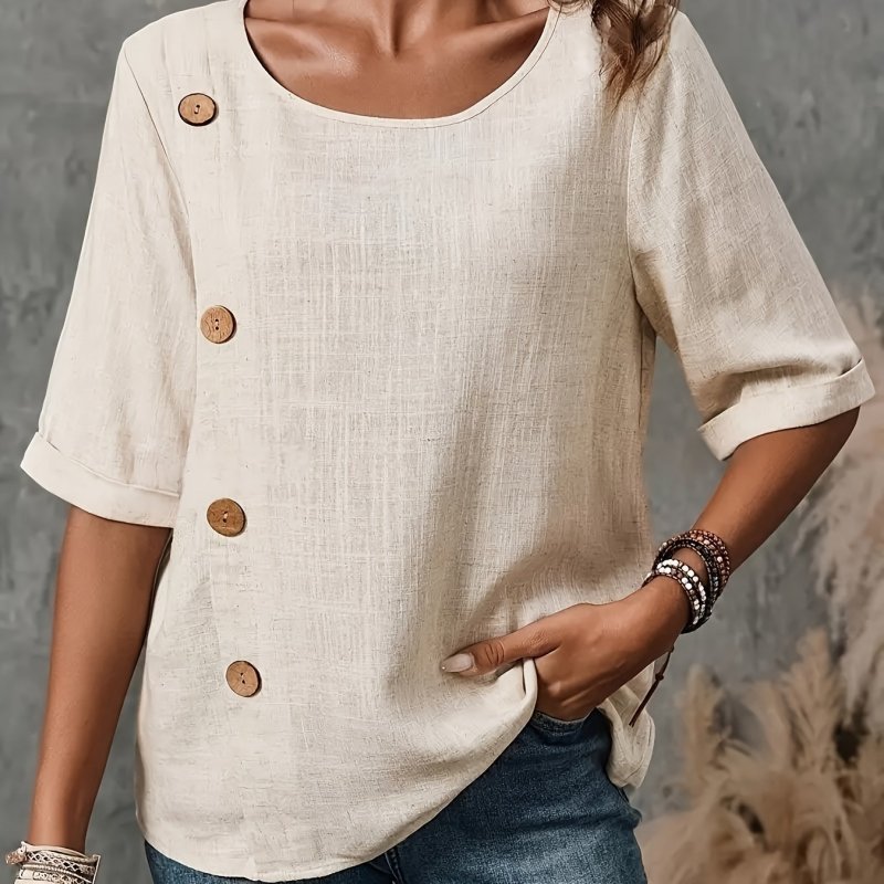 Elegant Women's Half-Sleeve Blouse with Decorative Buttons, Lightweight Polyester Blend, Round Neck, Machine Washable, Perfect for Spring and Fall Casual or Semi-Formal Wear, Spring Fashion Top | Decorative Button Detail | Polyester Blend Fabric