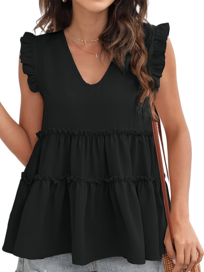 Women's Summer Sleeveless Tiered Ruffle Hem Top in Apricot - V-Neck, Flowy Design, Lightweight Polyester Blend, Perfect for Casual Outfits with Shorts or Straw Hats