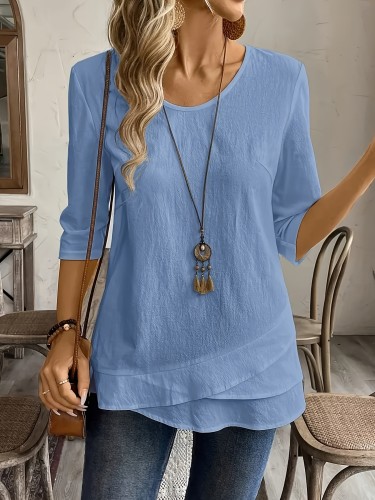 Women'S Casual Blue Crew Neck Blouse with Ruffled Hem - Lightweight, Relaxed Fit for Spring\u002FSummer, Casual Attire, Casual Wear|Ruffled Hem Shirt|Lightweight Fabric