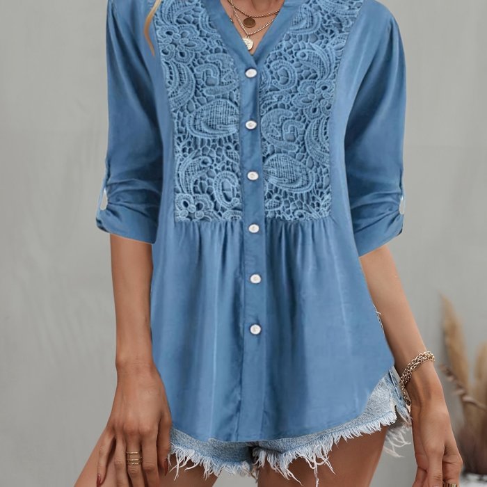 Lace Notched Neck Blouse Lace Splicing Notched Neck Blouse, Vintage Single Breasted Half Sleeve Blouse, Women's Clothing