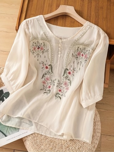 Women's Elegant Floral Loose-Fit Linen Blouse - Breathable Round Neck Long Sleeve Top for Spring Summer Fall, Machine Washable Casual & Formal Wear