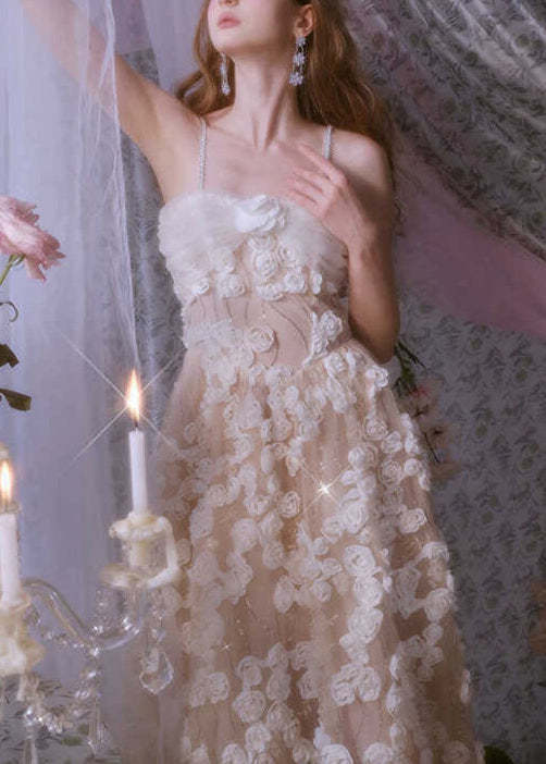 French Beige Embroidered Floral Tulle Spaghetti Strap Dress Summer
