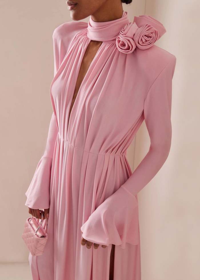 Italian Pink Stereoscopic Floral Side Open Spandex Ceremonial Dresses Summer