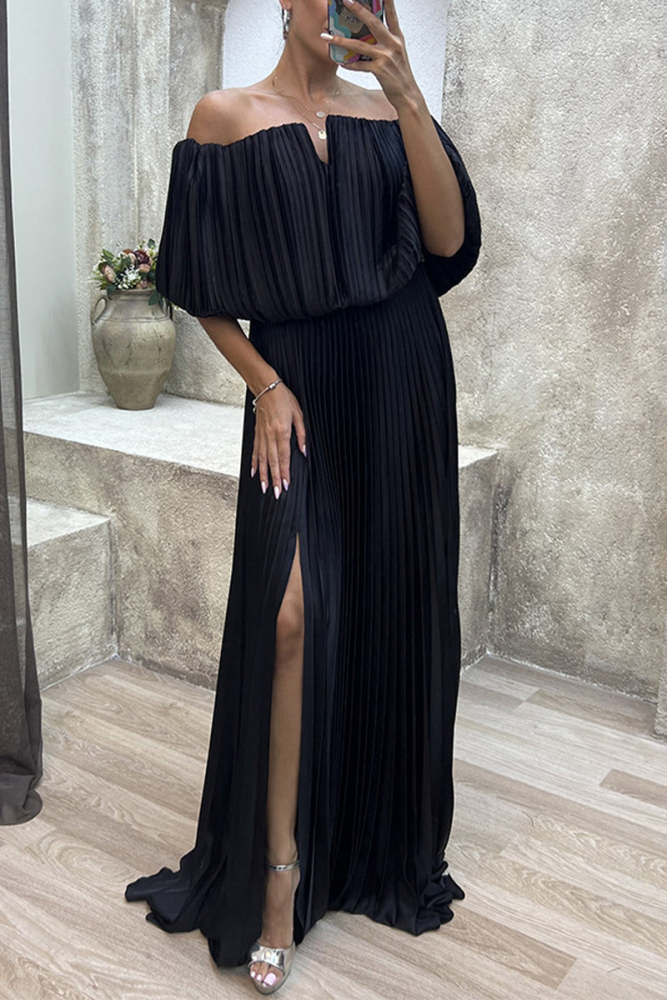 Sexy Formal Solid Slit Fold Off the Shoulder Evening Dress