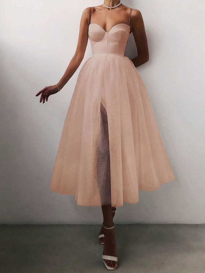 White Sexy Solid Color Sleeveless Cami Midi Puffy Dress