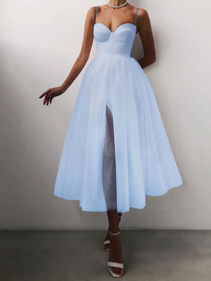 White Sexy Solid Color Sleeveless Cami Midi Puffy Dress