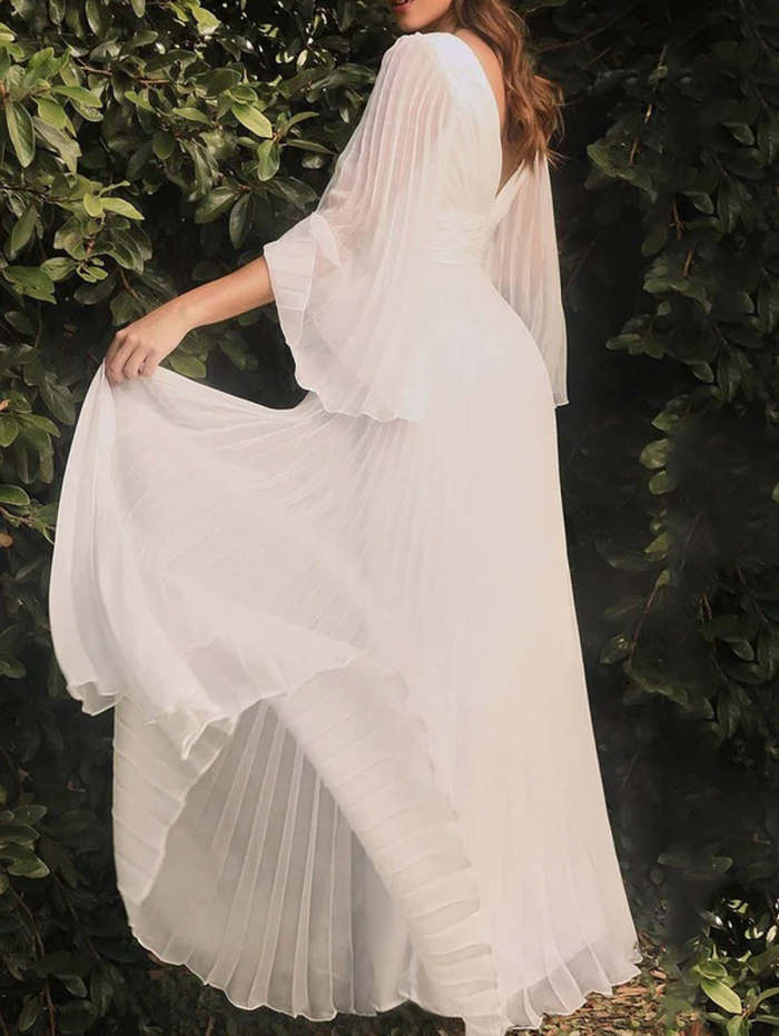 Red Elegant Plain Deep V Neck Pleated Maxi Tunic Dress