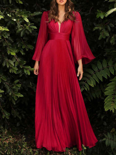 Red Elegant Plain Deep V Neck Pleated Maxi Tunic Dress