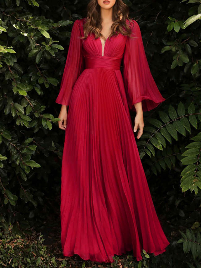 Red Elegant Plain Deep V Neck Pleated Maxi Tunic Dress
