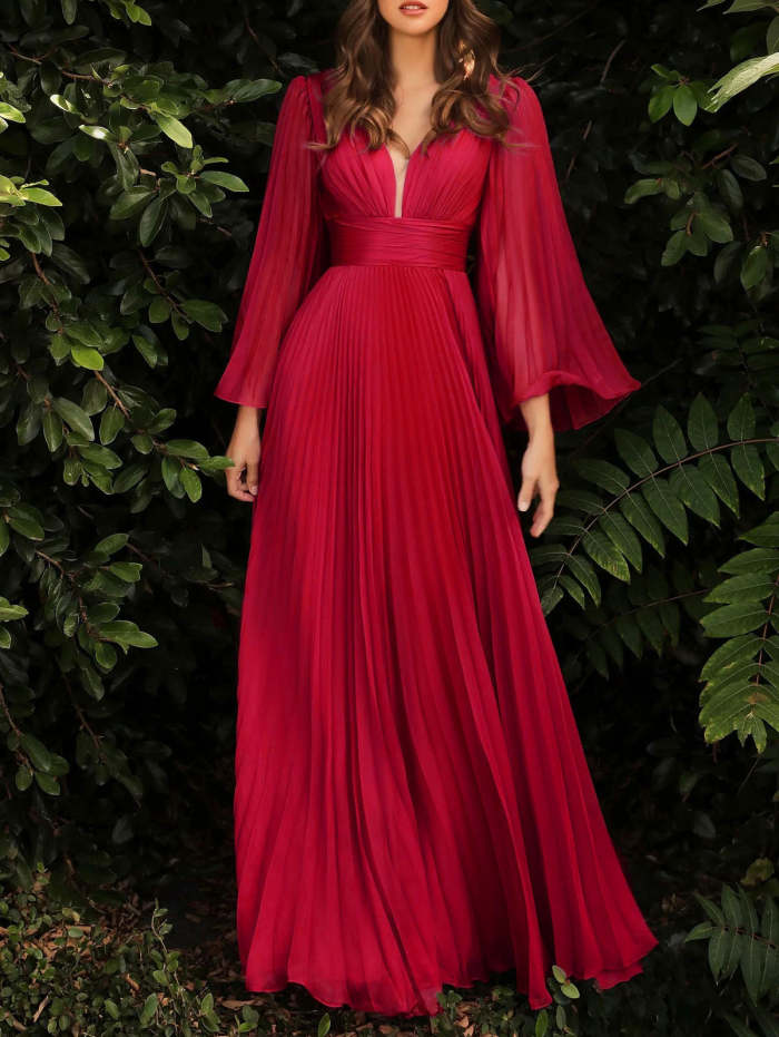 Red Elegant Plain Deep V Neck Pleated Maxi Tunic Dress