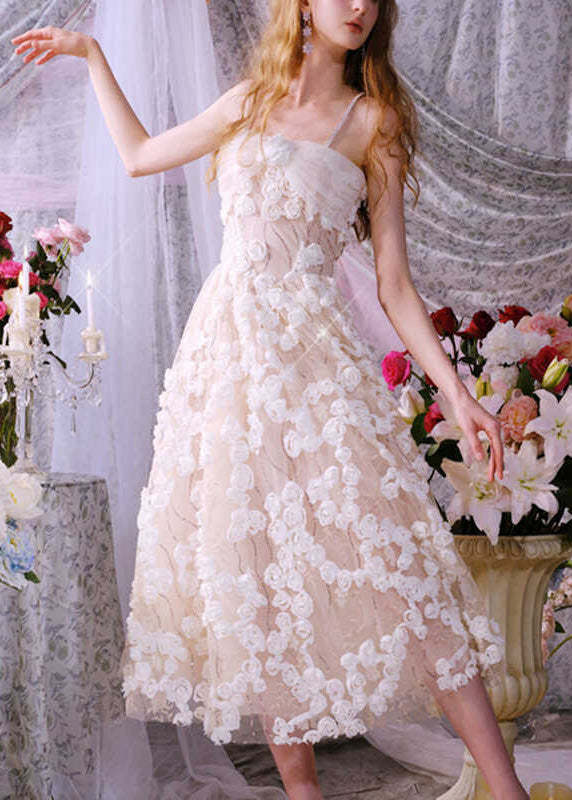 French Beige Embroidered Floral Tulle Spaghetti Strap Dress Summer