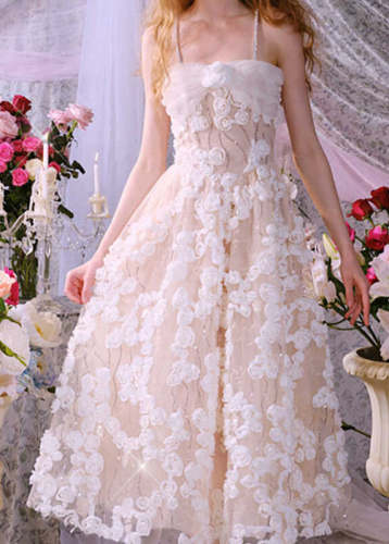 French Beige Embroidered Floral Tulle Spaghetti Strap Dress Summer