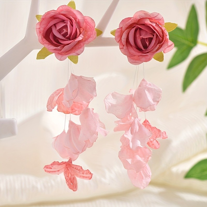 Elegant Long Fabric Flower Earrings for Women - Pink and White 3D Floral Design with Green Leaves, Perfect for Daily Wear or Parties, Novelty Earrings